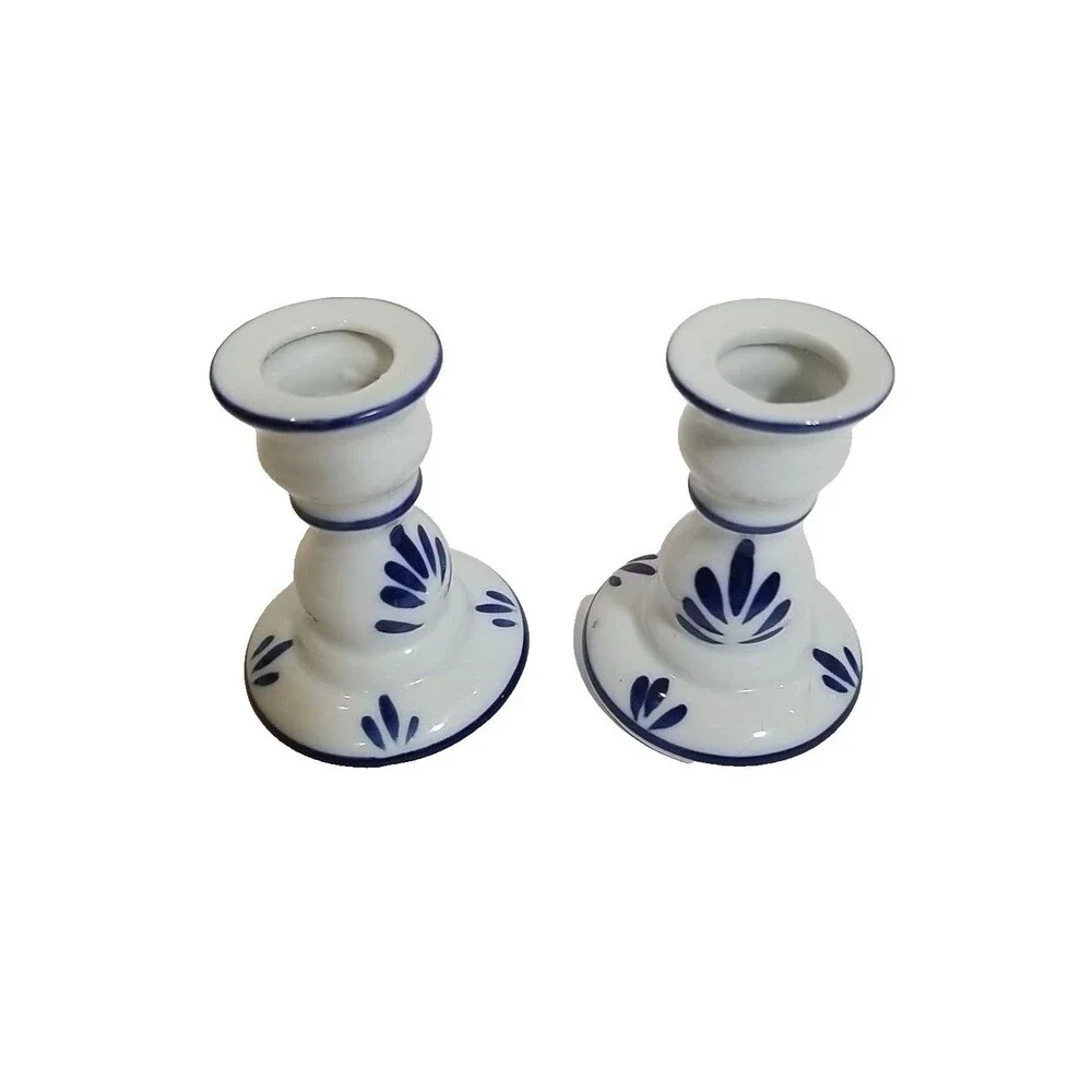 Vintage Blue White Ceramic Candlestick Holders Japan Delft Style Windmill Pair